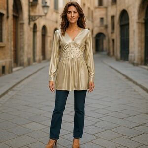 BEIGE bY eci Rhinestones V-Neck Long Sleeve Metallic Beige Blouse